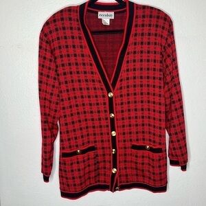 Vintage preppy cardigan Sz medium red black gold